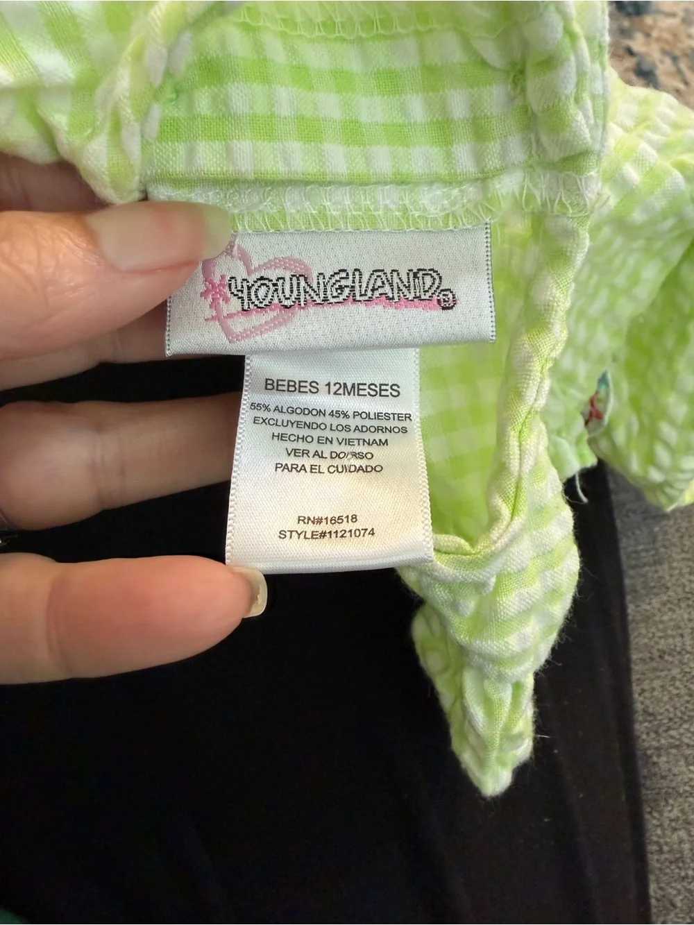 Youngland seersucker Light Green Gingham Dress Pink Floral Appliqués size 12m